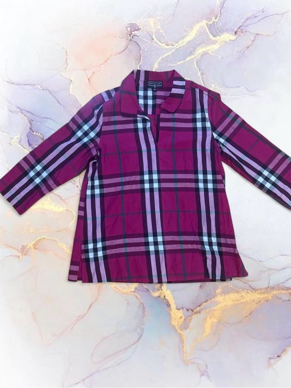 Women Magenta Plaid Tunic Top - Duffield Lane, Size Medium.
